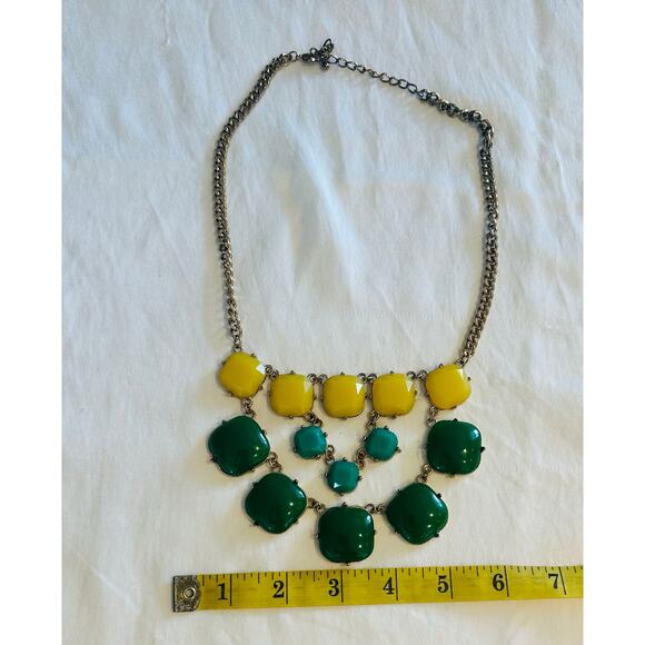 J. Crew Green & Yellow Beads gold tone Statement Chunky bib Necklace preppy bold - Picture 4 of 5